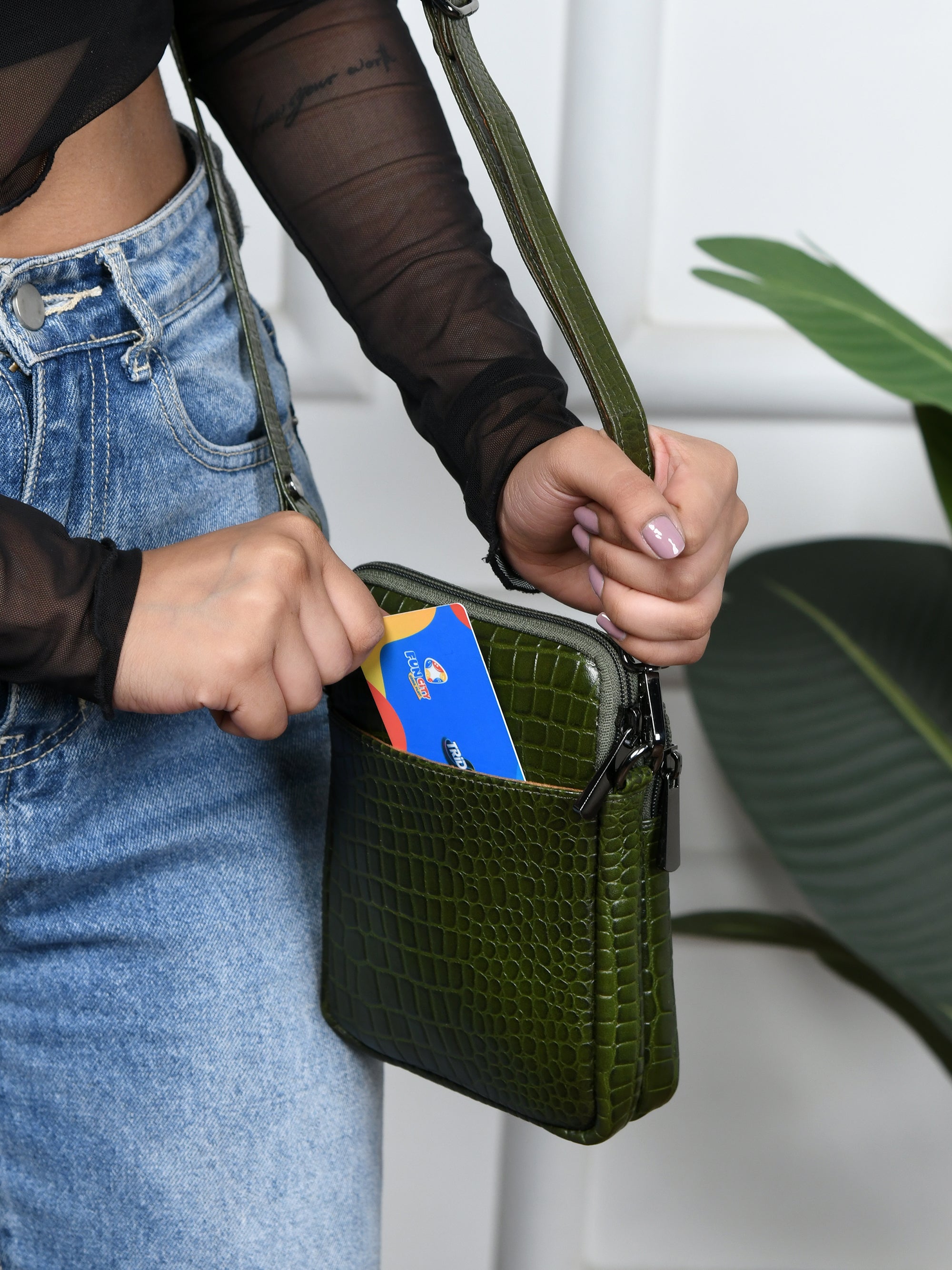 Croc Luxe Leather Sling Bag – Olive Colour